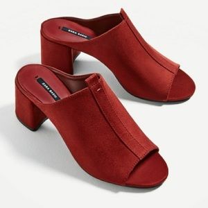 Zara Red Suede Block Heel Mules